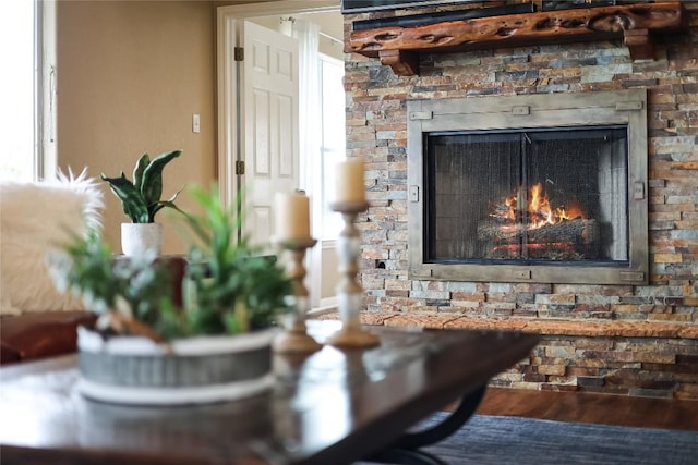 room details featuring a stone fireplace