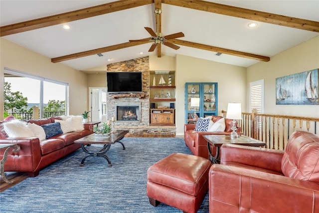 living room featuring vaulted ceiling with beams, ceiling fan, built in shelves, recessed lighting, and a fireplace