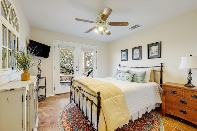 bedroom featuring light tile patterned floors, a ceiling fan, visible vents, access to exterior, and french doors