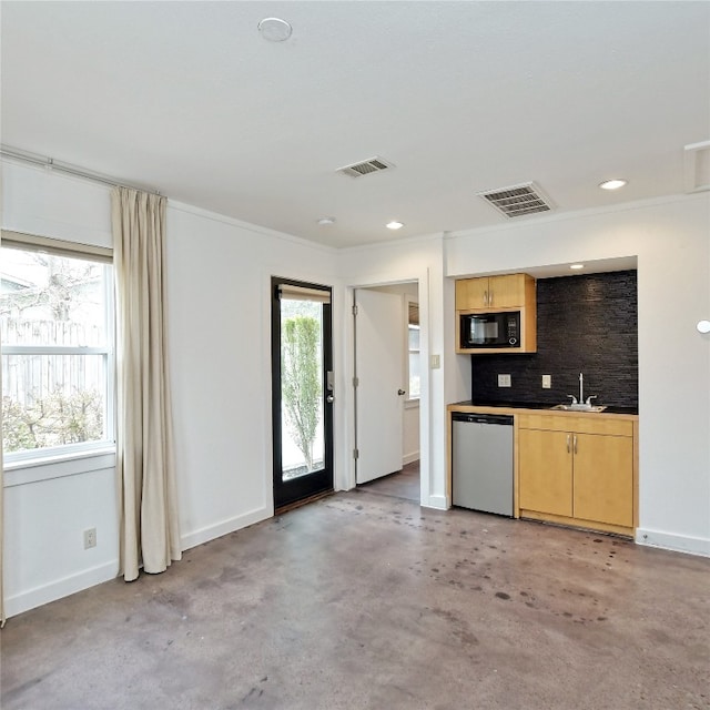 kitchen featuring ornamental molding, black microwave, decorative backsplash, stainless steel dishwasher, and light brown cabinets