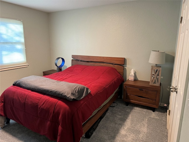 bedroom featuring dark colored carpet