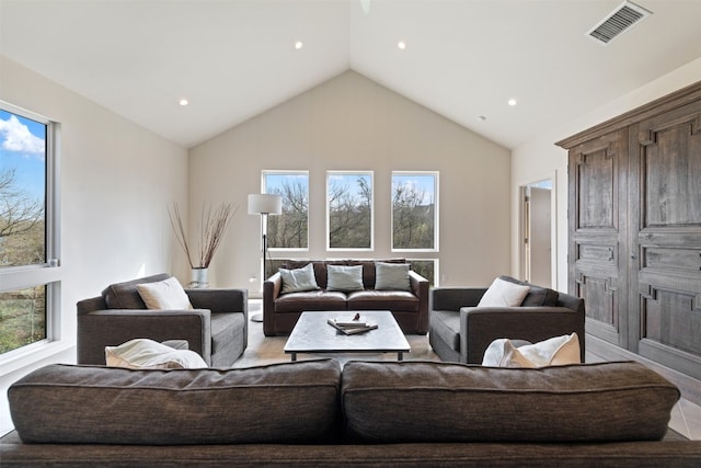 living room with high vaulted ceiling