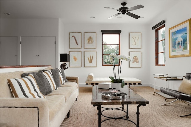 429 Sunfish St, Lakeway, TX 78734 - carpeted living area featuring ceiling fan and baseboards