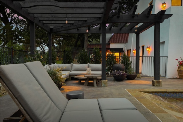 view of patio / terrace with an outdoor living space and a pergola