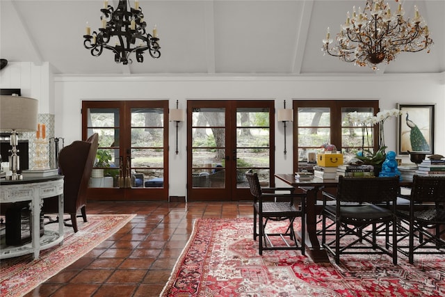 tiled dining space featuring a notable chandelier, french doors, and beam ceiling