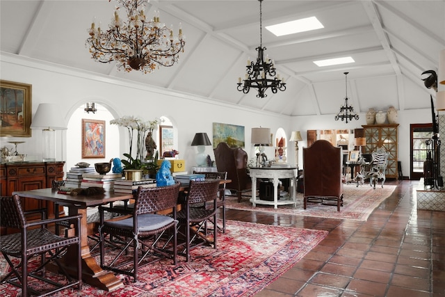 dining room featuring a notable chandelier, dark tile flooring, high vaulted ceiling, and beamed ceiling