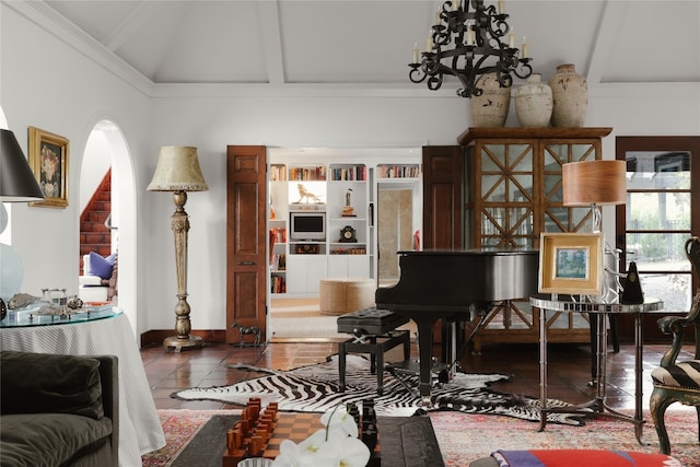 living room with a notable chandelier, vaulted ceiling with beams, brick wall, ornamental molding, and tile flooring