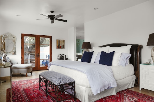 bedroom with ceiling fan, tile floors, access to outside, and french doors