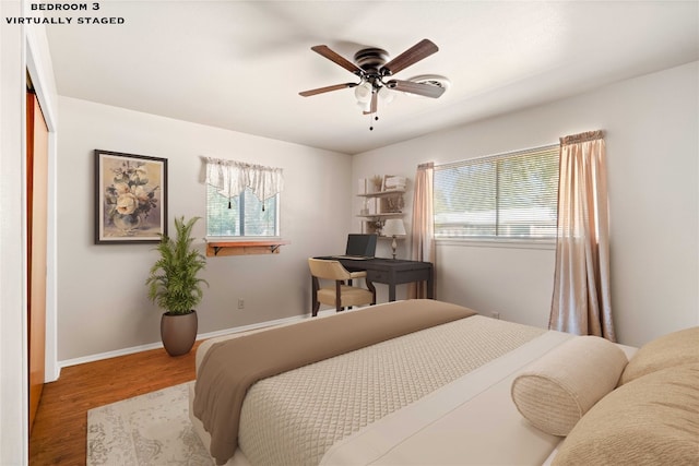 bedroom featuring ceiling fan, a closet, and wood-type flooring