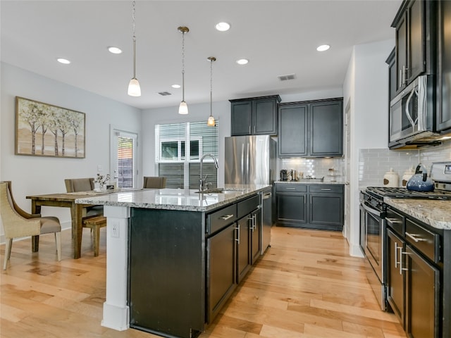 kitchen with appliances with stainless steel finishes, hanging light fixtures, light wood-type flooring, and a center island with sink