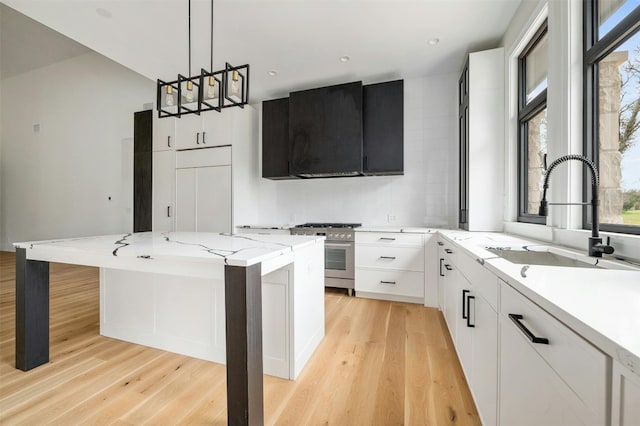 kitchen featuring a center island, sink, a chandelier, stainless steel range, and light hardwood / wood-style flooring