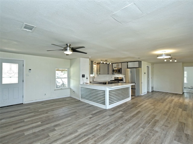 kitchen featuring light hardwood / wood-style floors, ceiling fan, appliances with stainless steel finishes, and sink