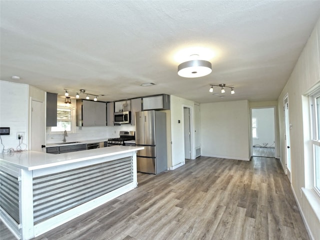 kitchen with stainless steel appliances, hardwood / wood-style flooring, rail lighting, gray cabinetry, and sink