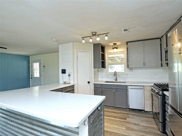 kitchen featuring sink, gray cabinets, light hardwood / wood-style flooring, backsplash, and stainless steel appliances