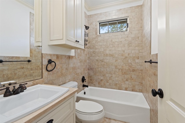 full bathroom with toilet, vanity, tile walls, crown molding, and bathtub / shower combination