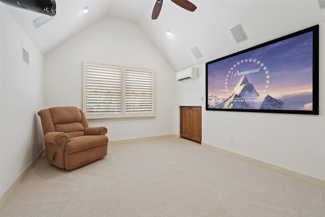 home theater featuring ceiling fan, a wall mounted AC, carpet, and lofted ceiling