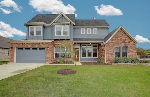 craftsman inspired home with a garage and a front yard