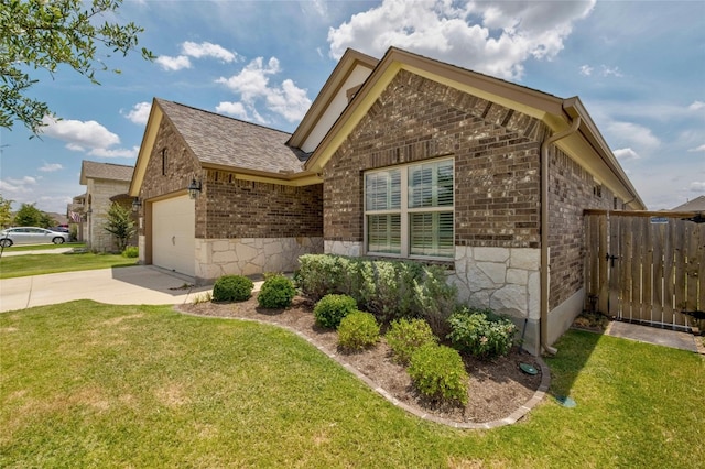 view of property exterior with a garage and a yard