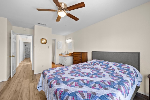 bedroom with ceiling fan and light wood-type flooring