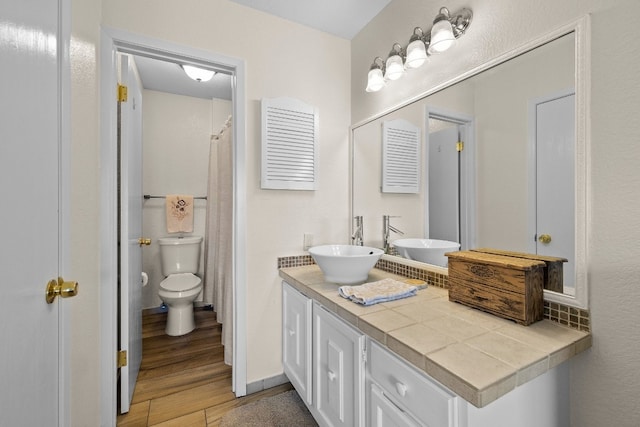 bathroom with vanity, wood-type flooring, and toilet