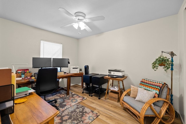 office with ceiling fan and light hardwood / wood-style floors