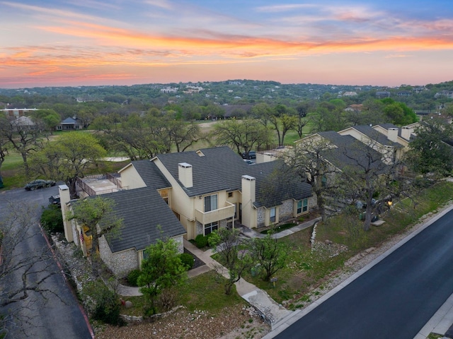 view of aerial view at dusk