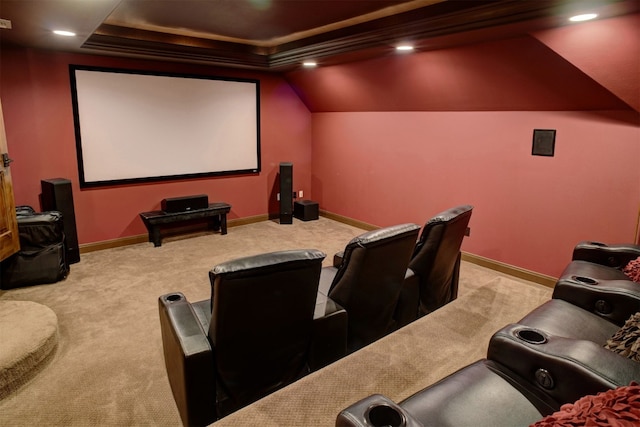 carpeted home theater featuring a raised ceiling