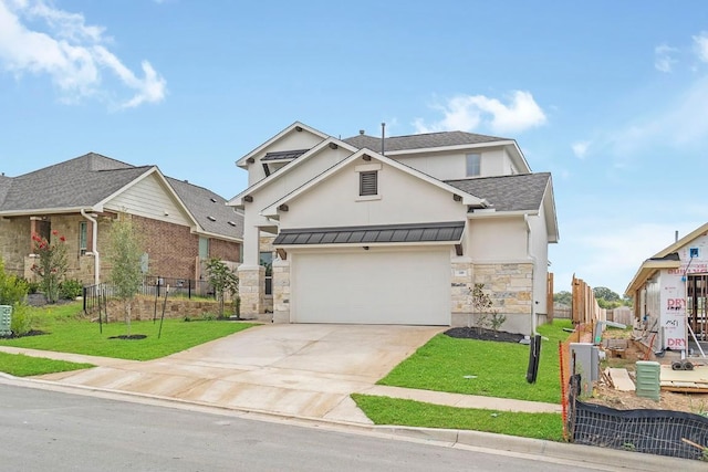 view of front of property with stone siding, driveway, a front lawn, and fence