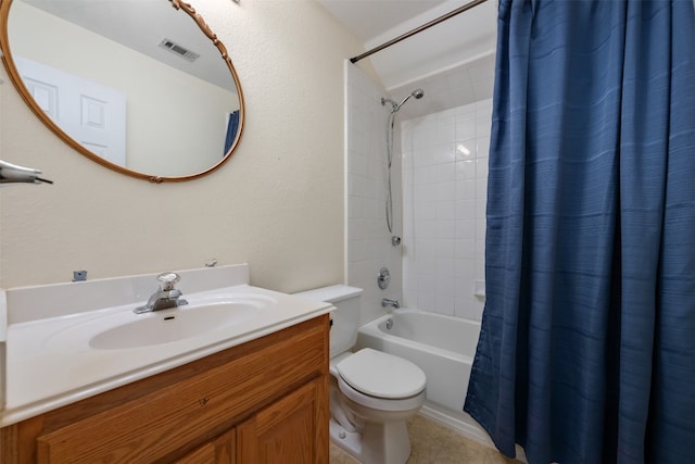 full bathroom with shower / bath combination with curtain, toilet, and vanity