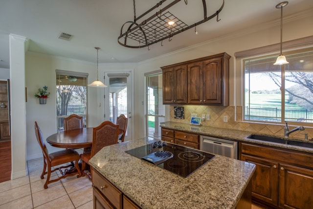 kitchen with dishwasher, sink, crown molding, black electric stovetop, and light tile patterned floors