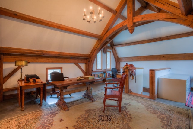 home office featuring high vaulted ceiling, a chandelier, and beamed ceiling