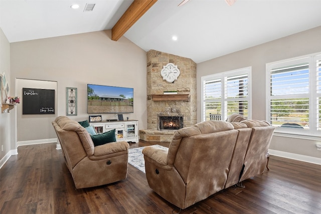 living room with vaulted ceiling with beams, dark hardwood / wood-style floors, and a fireplace