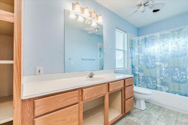 full bathroom with ceiling fan, vanity, toilet, and shower / bath combo