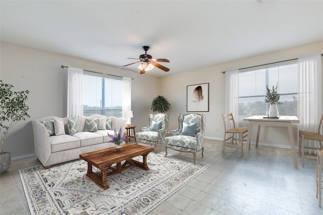 living room featuring ceiling fan