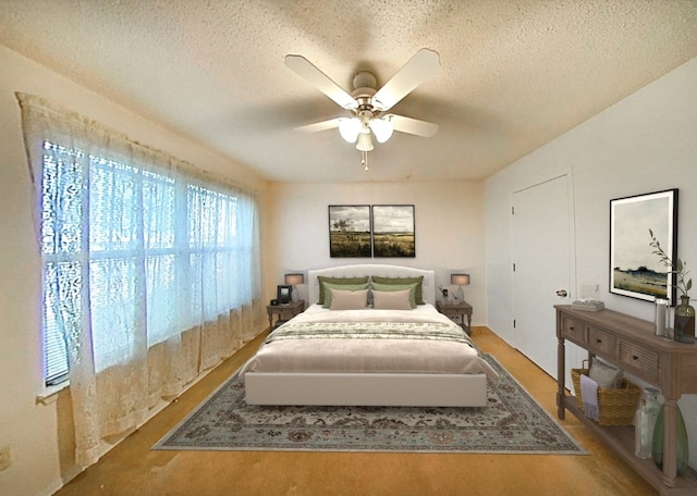 bedroom with multiple windows, a textured ceiling, and ceiling fan