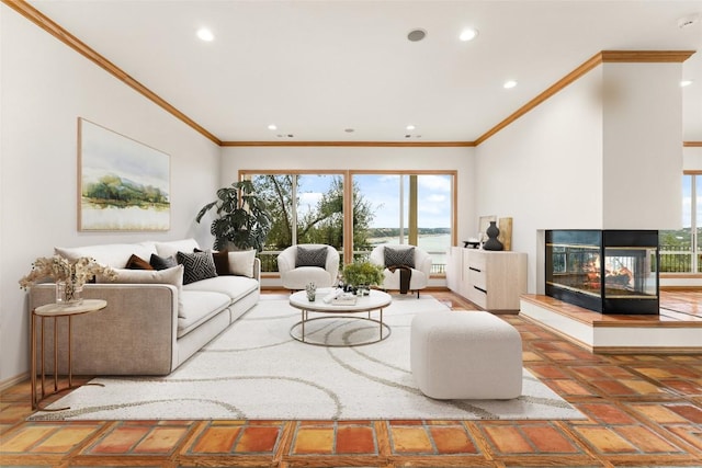 living room with crown molding and a multi sided fireplace