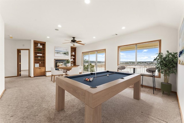 recreation room with ceiling fan, light colored carpet, and pool table