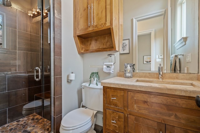 bathroom with walk in shower, toilet, and vanity with extensive cabinet space