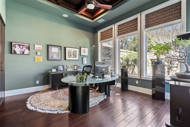 office featuring dark hardwood / wood-style floors, beamed ceiling, a healthy amount of sunlight, and coffered ceiling