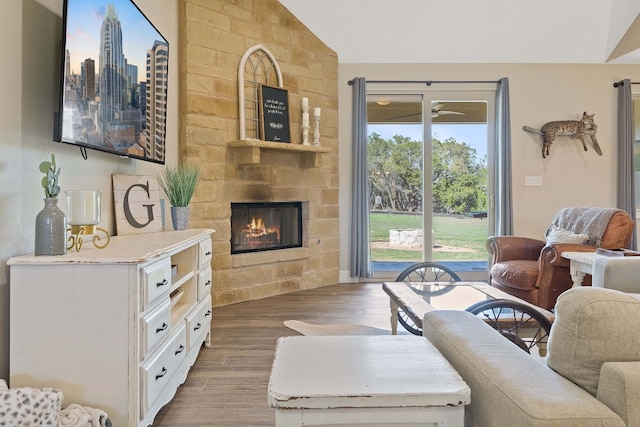 living room featuring lofted ceiling, dark wood-type flooring, and a large fireplace