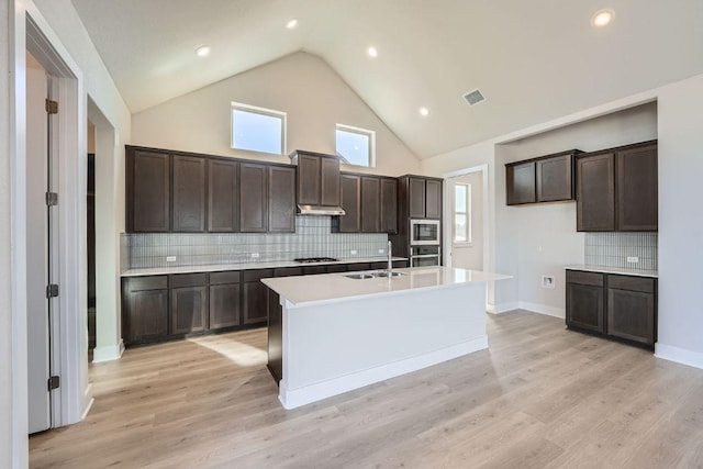 kitchen featuring a sink, dark brown cabinetry, stainless steel appliances, an island with sink, and high vaulted ceiling