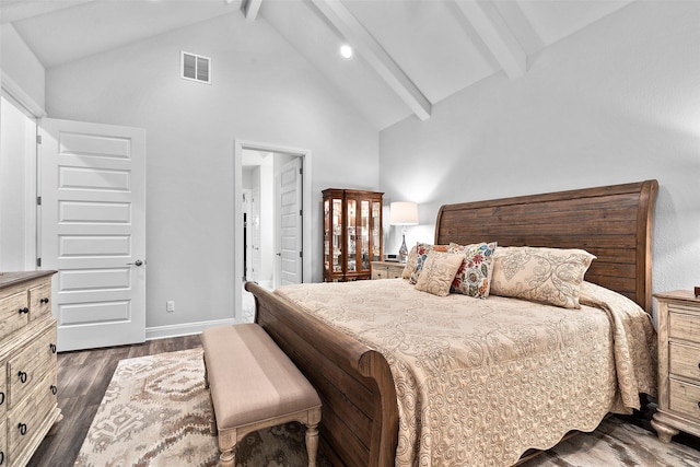 bedroom featuring dark hardwood / wood-style flooring, high vaulted ceiling, and beamed ceiling