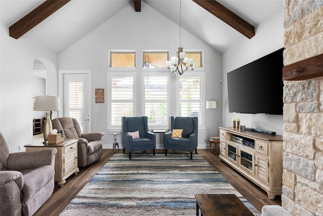 living room with beam ceiling, dark wood-type flooring, high vaulted ceiling, and a chandelier