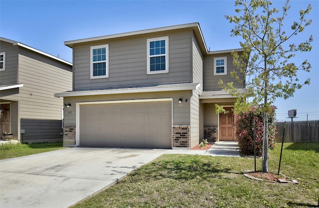 front facade with a garage and a front lawn