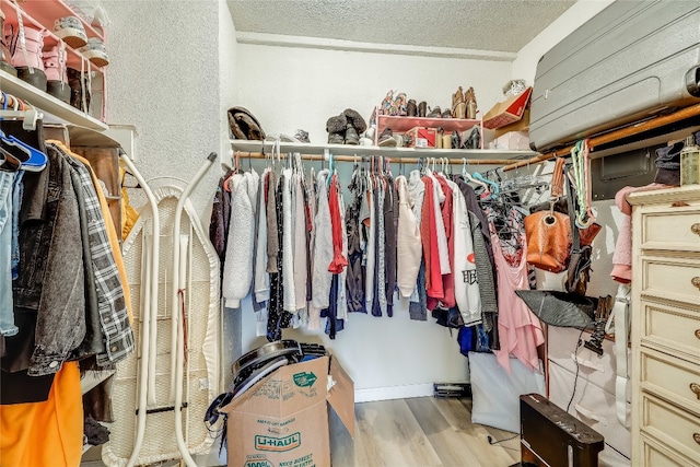 walk in closet with light hardwood / wood-style flooring