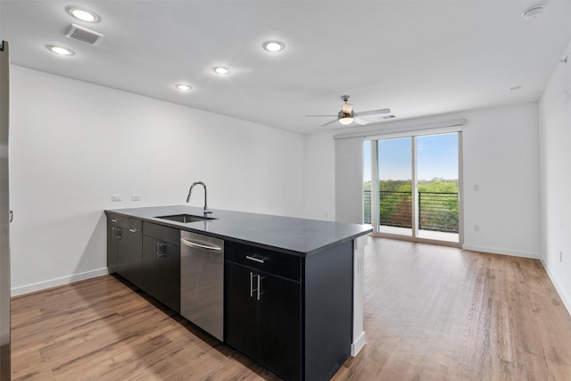 kitchen with light hardwood / wood-style floors, ceiling fan, kitchen peninsula, dishwasher, and sink