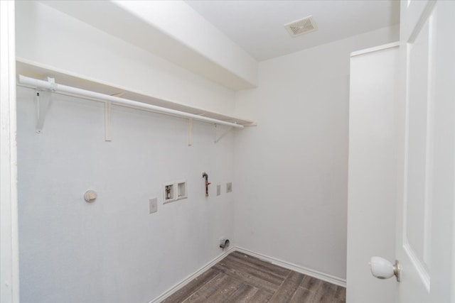 laundry area with washer hookup, hookup for a gas dryer, and dark wood-type flooring