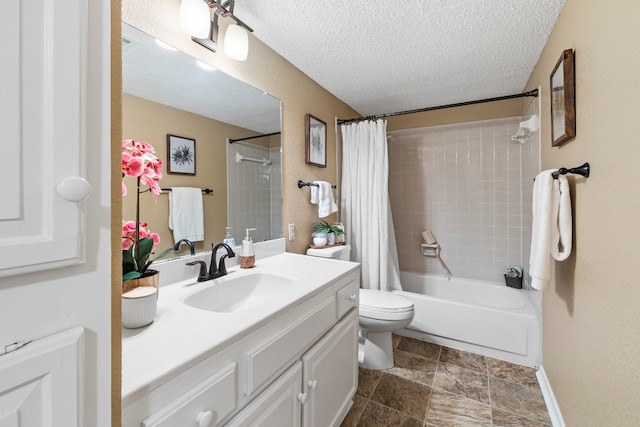 full bathroom with vanity, toilet, shower / bathtub combination with curtain, and a textured ceiling