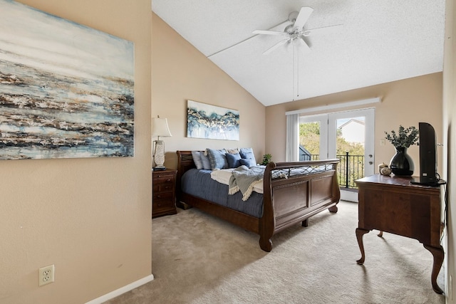 bedroom featuring ceiling fan, high vaulted ceiling, light colored carpet, and access to exterior