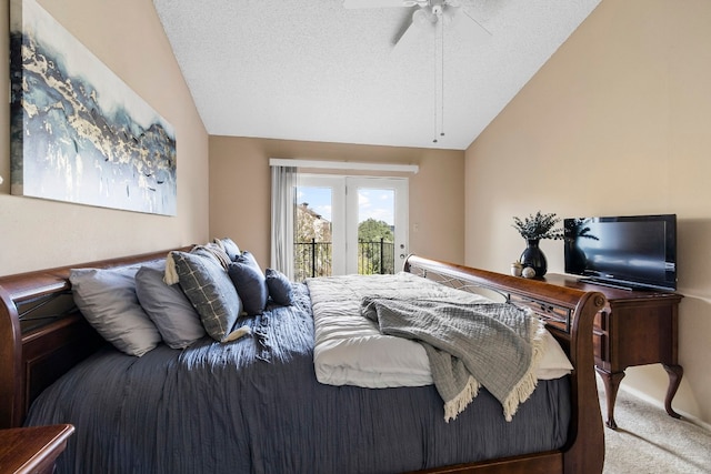 bedroom with vaulted ceiling, light colored carpet, access to outside, and ceiling fan